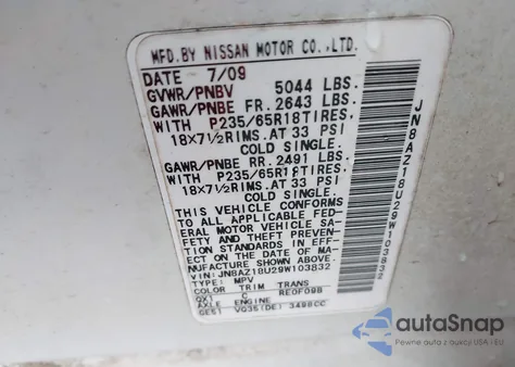 2009 Nissan Murano Sl from USA, damaged, VIN JN8AZ18U29W103832